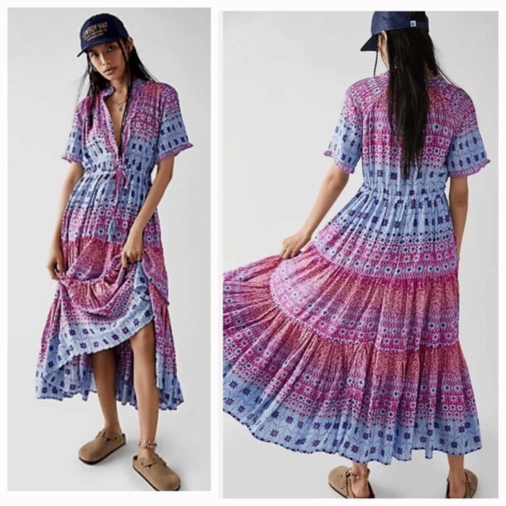Free People Rare Feelings Maxi Dress Multicolor Blue Pink - rare color combo